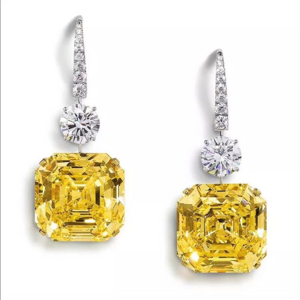 925 Silver Citrine Yellow Diamond Cubic Zirconia Dangle Earrings